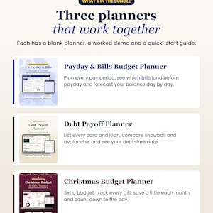 May include: A digital bundle containing three planners: the Payday & Bills Budget Planner, the Debt Payoff Planner, and the Christmas Budget & Gift Planner. Each includes a blank planner, a worked demo, and a quick-start guide for financial tracking.