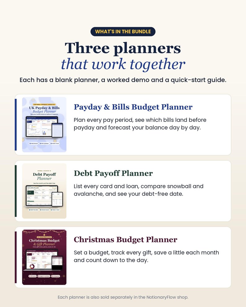 May include: A digital bundle containing three planners: the Payday & Bills Budget Planner, the Debt Payoff Planner, and the Christmas Budget & Gift Planner. Each includes a blank planner, a worked demo, and a quick-start guide for financial tracking.