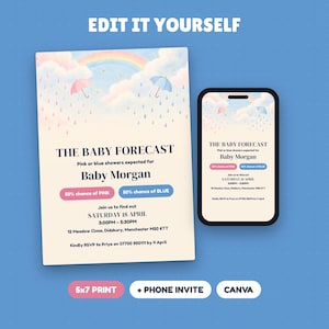 May include: A digital baby shower invitation template featuring a rainbow, clouds, and umbrellas with the text THE BABY FORECAST, Pink or blue showers expected for Baby Morgan, 50% chance of PINK, 50% chance of BLUE, and event details.