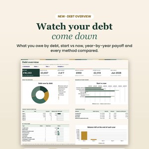 May include: A digital debt overview dashboard featuring a donut chart, bar graphs, and tables. Text includes 'NEW DEBT OVERVIEW', 'Watch your debt come down', 'Debt now by debt', 'Start vs now', and 'Balance left at the end of each year'.