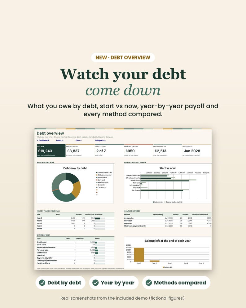 May include: A digital debt overview dashboard featuring a donut chart, bar graphs, and tables. Text includes 'NEW DEBT OVERVIEW', 'Watch your debt come down', 'Debt now by debt', 'Start vs now', and 'Balance left at the end of each year'.