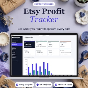 May include: A laptop displaying an Etsy Profit Tracker dashboard with financial data, including sales of £4,843 and profit of £1,742. The screen shows a bar chart for monthly sales and profit, alongside text labels for UK Etsy sellers.