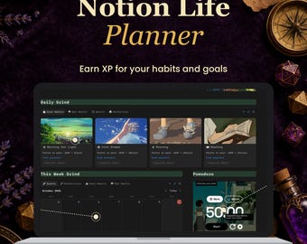 Op de afbeelding: Een digitale Notion Life Planner-sjabloon weergegeven op een laptopscherm, met een gegamificeerde interface met secties voor Daily Grind, gewoonte-tracking en een Pomodoro-timer, inclusief de tekst Gamified Notion Template.