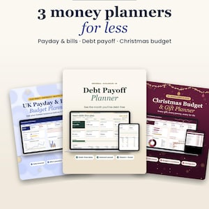 May include: A digital money planner bundle featuring three templates: UK Payday & Budget Planner, Debt Payoff Planner, and Christmas Budget & Gift Planner. Each planner displays financial data on laptop and tablet screens with charts.