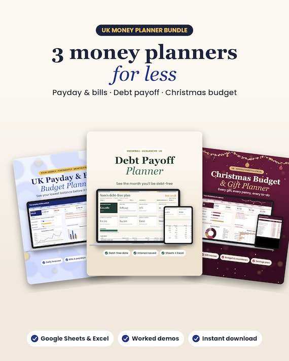 UK Money Planner Bundle, Budget Spreadsheet, Debt Payoff Tracker, Christmas Budget Planner, Google Sheets & Excel