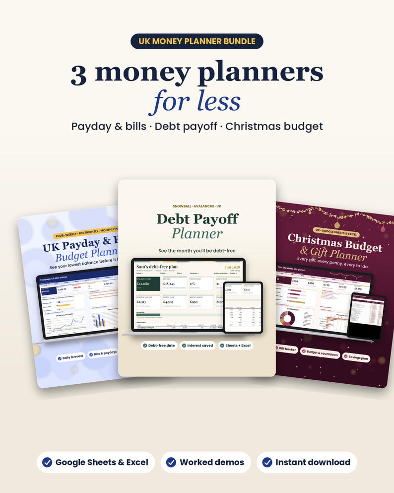 May include: A digital money planner bundle featuring three templates: UK Payday & Budget Planner, Debt Payoff Planner, and Christmas Budget & Gift Planner. Each planner displays financial data on laptop and tablet screens with charts.