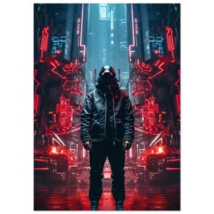 Impressão artística da cidade cyberpunk: pôster neon sci-fi techno noir