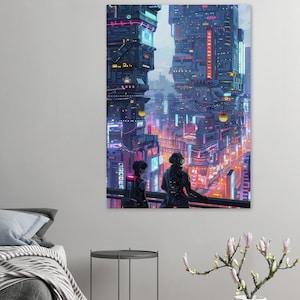 Impressão artística da cidade cyberpunk: pôster neon sci-fi techno noir