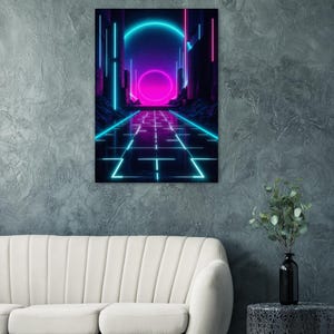 Arte de parede cyberpunk – pôster futurista de cidade neon | Decoração de ficção científica | Download digital | Pôster artístico com impressão de distopia urbana