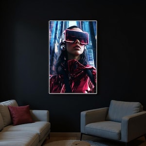 Arte de parede cyberpunk – pôster futurista de cidade neon | Decoração de ficção científica | Download digital | Pôster clássico de papel semibrilhante com impressão de distopia urbana