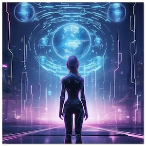Impressão artística da cidade cyberpunk: pôster neon sci-fi techno noir