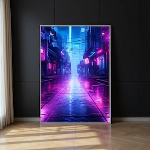 Arte de parede cyberpunk – pôster futurista de cidade neon | Decoração de ficção científica | Download digital | Pôster artístico com impressão de distopia urbana