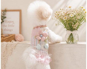 かわいい犬用サマードレス、花柄ペット服、3Dフラワー付きレース子犬ドレス