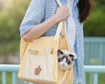 Bear Pet Tote Bag | Canvas Small Dog Cat Carrier, Travel Bag, Adjustable Straps