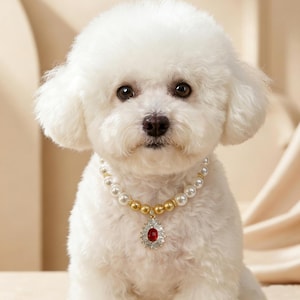 Pearl Pet Necklace with Ruby Pendant, Beaded Collar for Cats and Dogs