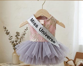 Miss Universe Pet Tutu Dress, Pink & Lavender Lace Dog Harness Dress, Pageant Costume with Sash, Wedding/Photoshoot Outfit, Princess Dress