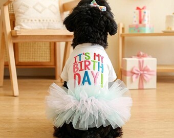 Vestido tutú de cumpleaños para perros, falda de tul verde menta, algodón suave para mascotas, perros pequeños y gatos.