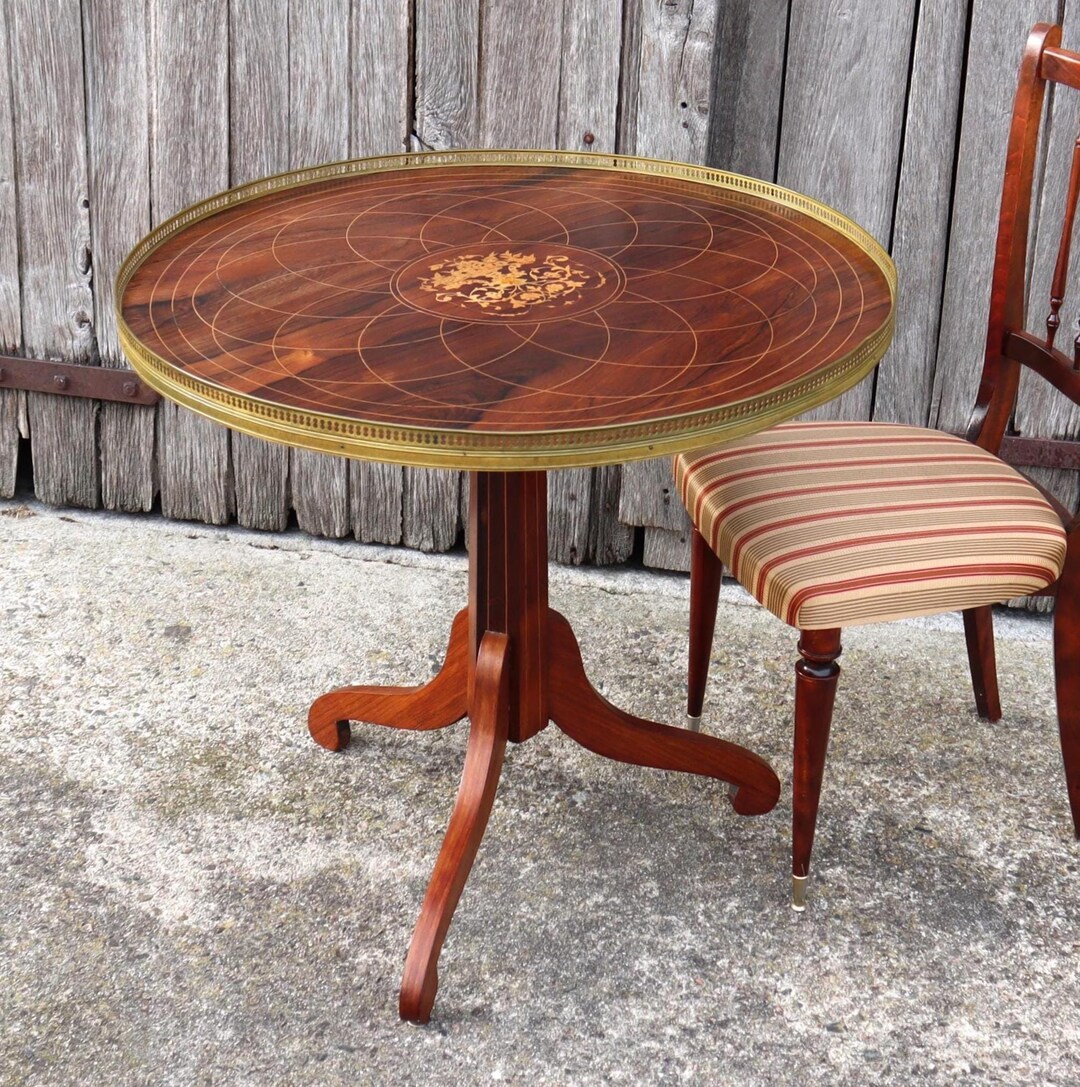 Vintage Neoclassical Lemon Wood Inlay- Side Table – Brass Rail, 1960s ...