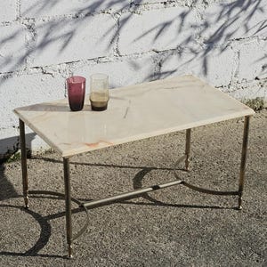 Table basse vintage française en marbre et laiton - Style Hollywood Regency