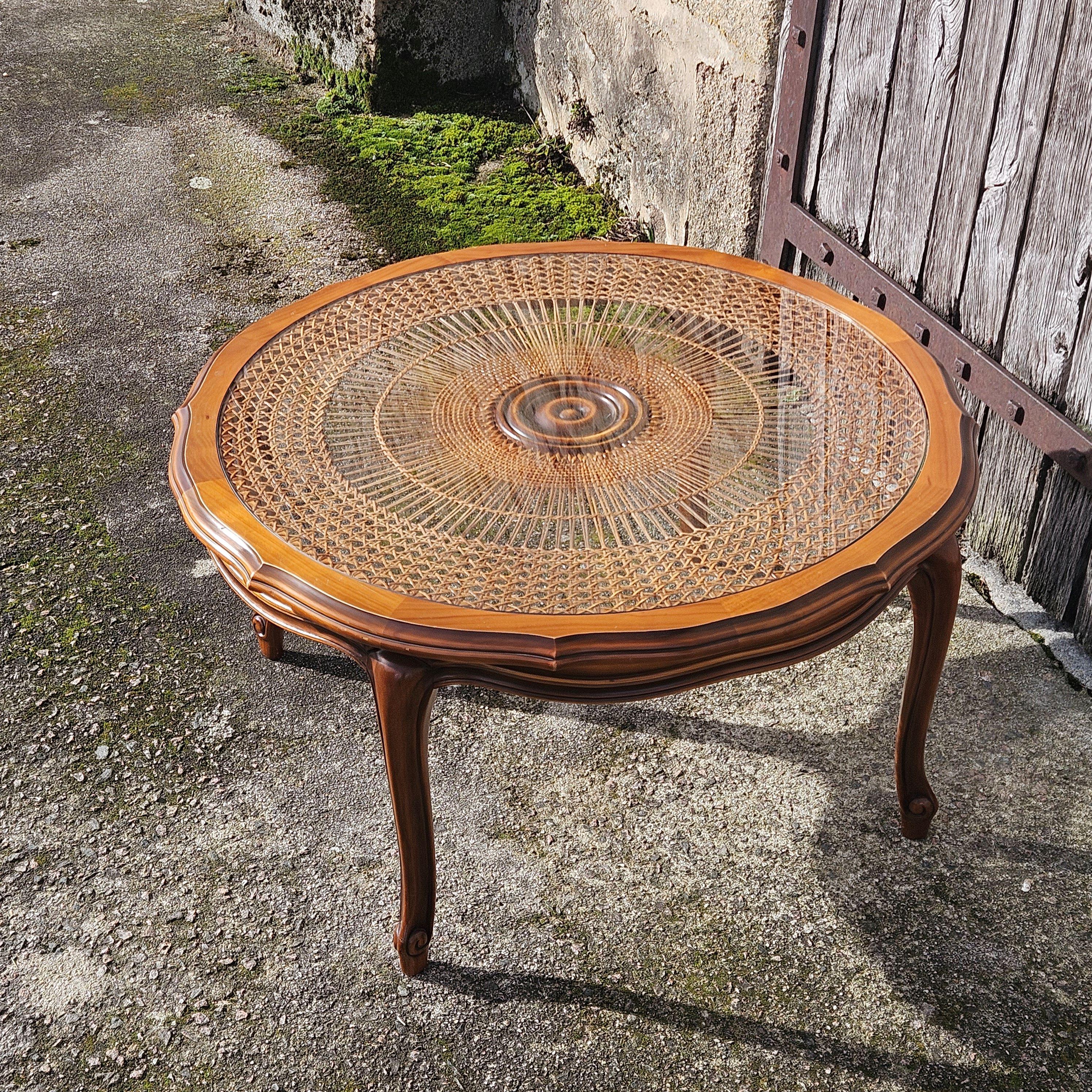Table Basse Ronde Vintage Française En Bois, Verre Et Rotin-Grande Table De Salon-style Louis Xv-60