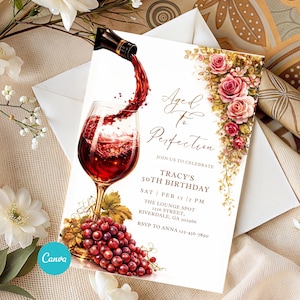 May include: A wine-themed birthday invitation with a glass being filled with red wine. The invitation features the text "Aged to Perfection" and details for a 50th birthday celebration, including the name Tracy, date, time, and location.