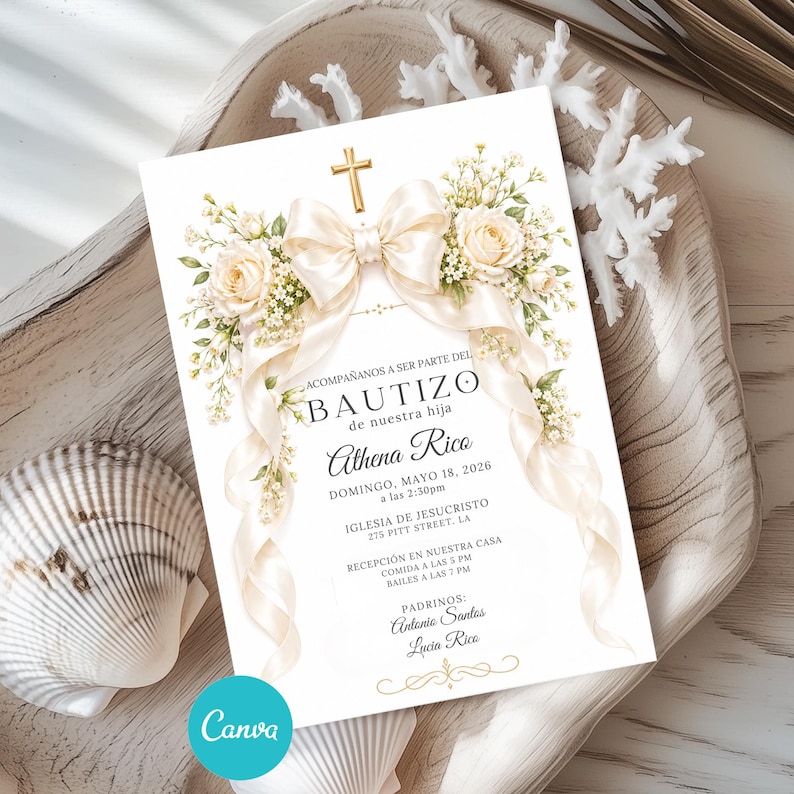 Spanish Baptism Invitation for Girl, Editable Canva Bautizo Niña ...