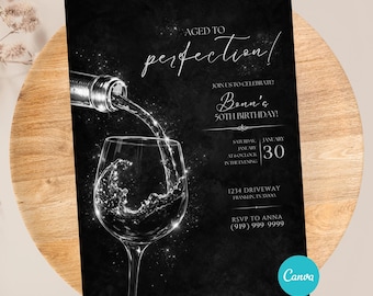 Editable Aged to Perfection Wine Birthday Invitation Template, Instant Download Aging Like Fine Wine Elegant Adult Winery Dinner Party Theme