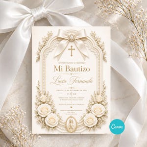 May include: A cream-coloured baptism invitation card featuring a gold cross, a central satin bow with a pearl, and floral accents. The text reads Mi Bautizo, Lucia Fernanda, Sábado, 12 de septiembre de 2026, 11:30 AM, Iglesia del Sagrado Corazón, 87 Willow Lane, Dallas, Texas.