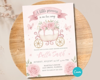 Rosa Blumen Wagen-Babyparty-Einladung, Mädchen-Baby-Dusche einladen, eine kleine Prinzessin ist auf ihrem Weg, Vintage Wagen, sofortiger Download