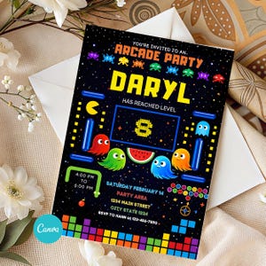 May include: An arcade party invitation with a black background and colorful pixelated graphics. The invitation reads "You're Invited to an Arcade Party" and features the name "DARYL" and the text "Has Reached Level 8". The date and time are also included.
