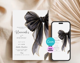 Editable  Canva Black Bow Birthday Invitation Minimalist Black Bow Birthday Invite Black Ribbon Coquette 16th 18th 21st 30th Birthday Party