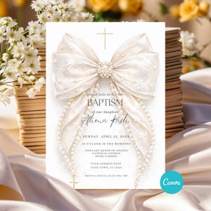May include: Baptism invitation with a large white bow adorned with pearls and a central jewel. The invitation includes the text "Baptism of our daughter Athena Kash" and event details. A cross is at the top and bottom.