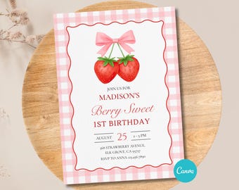 Berry First Birthday Invitation, Strawberry Birthday Invitation Template, Berry 1st Birthday, Bow First Birthday Invitation