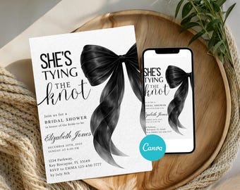 Plantilla editable de invitación para despedida de soltera "She's Tying the Knot", invitación para despedida de soltera con lazo negro, despedida de soltera con lazo de cinta negra, cinta