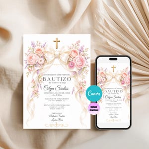 May include: A baptism invitation card and a smartphone displaying the same design. The invitation features a gold cross, a large cream-colored ribbon bow, and watercolor pink and lavender floral arrangements. Text includes BAUTIZO, Celyn Santos, and event details.