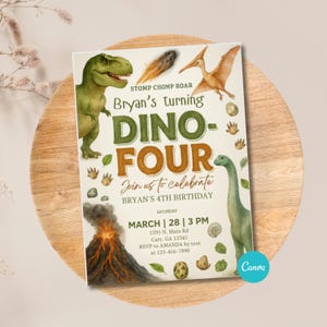 May include: A dinosaur-themed birthday invitation with a watercolor design. The invitation features a green Tyrannosaurus Rex, a long-necked dinosaur, and a flying Pterodactyl. Text includes "Dino-Four" and party details.