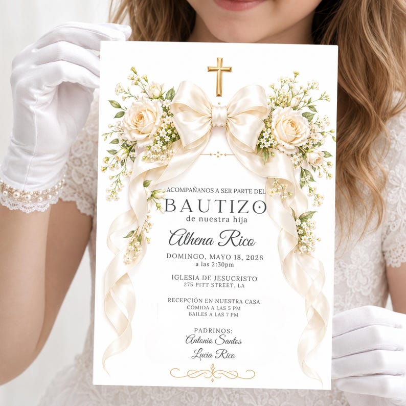 Spanish Baptism Invitation for Girl, Editable Canva Bautizo Niña ...