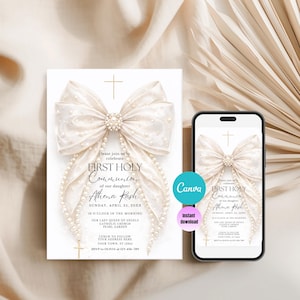 May include: A First Holy Communion invitation with a large cream-colored bow adorned with pearls and a central jewel. The invitation includes the text "First Holy Communion" and event details. A smartphone displays the same design.