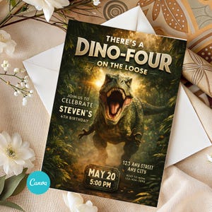 May include: A birthday invitation featuring a green Tyrannosaurus Rex in a jungle setting. The invitation reads "There's a Dino-Four on the Loose" and includes details for Steven's 4th birthday, May 20th at 5:00 PM, with RSVP information.