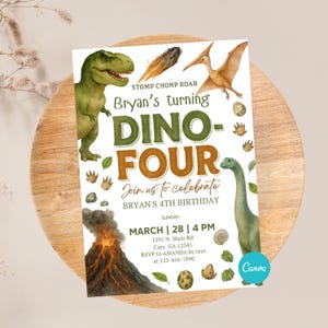 May include: A dinosaur-themed birthday invitation with the text "DINO-FOUR" in green and orange. The invitation includes illustrations of dinosaurs, a volcano, and the event details: date, time, and location.
