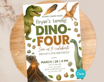 Dinosaur DINO FOUR boy 4th birthday invitation, EDITABLE Dinosaur T Rex birthday invite,Dino-four boy Party Invite, Dinosaur Party Decor