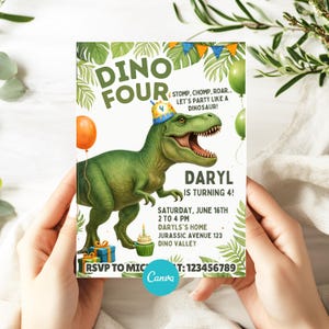May include: A birthday party invitation with a green dinosaur illustration. The invitation reads "Dino Four" and includes party details: date, time, and location. Balloons and a birthday cake are also featured.