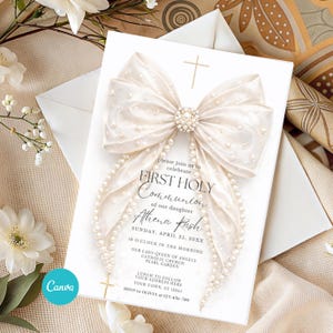 Convite elegante para Primeira Comunhão com laço branco e pérolas (Download digital)