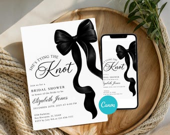 Plantilla de invitación para despedida de soltera "She's Tying the Knot", editable, con lazo negro, para despedida de soltera e imprimible.