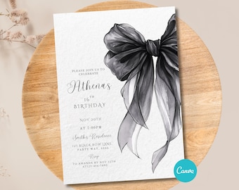 Black Bow Birthday Invitation Minimalist Black Bow Birthday Invite Black Ribbon Coquette 16th 18th 21st 30th Birthday Party Editable Canva