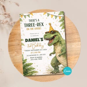 以下が含まれることがあります： 「There's a Three-Rex on the Loose!」と「Daniel's 3rd Birthday」のテキストが入った恐竜をテーマにした誕生日招待状。サングラスとパーティーハットを身に着けた緑色の恐竜の水彩イラストが特徴です。