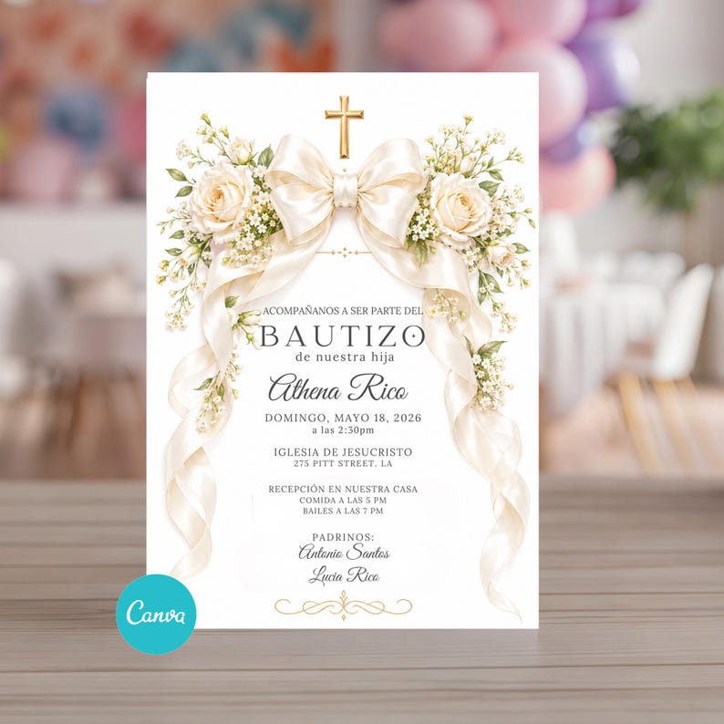 Spanish Baptism Invitation for Girl, Editable Canva Bautizo Niña ...