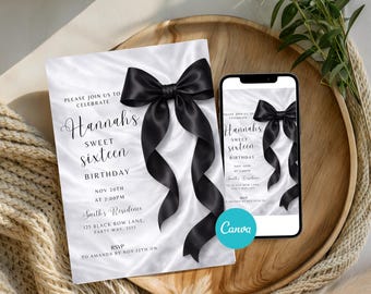 Black Bow Birthday Invitation Template, Elegant Editable Party Invite Digital Download Printable, Phone Format Birthday Party Editable Canva