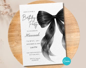 Black Bow Birthday Invitation Template, Elegant Editable Party Invite, Digital Download for Printable and Phone Format