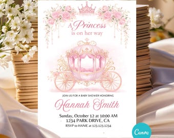 Pink Floral Baby Carriage Shower Invitation, Girl Baby Shower Invite, A Little Princess Is On Her Way, Vintage Carriage, Instant Download